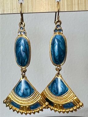 Vintage Edgar Berebi Art Deco Style blue enamel & gold trim drop/dangle earring